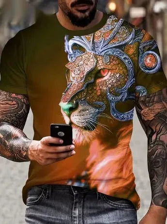 Men's black t-shirt with a large, detailed 3D printed lion design on the front.