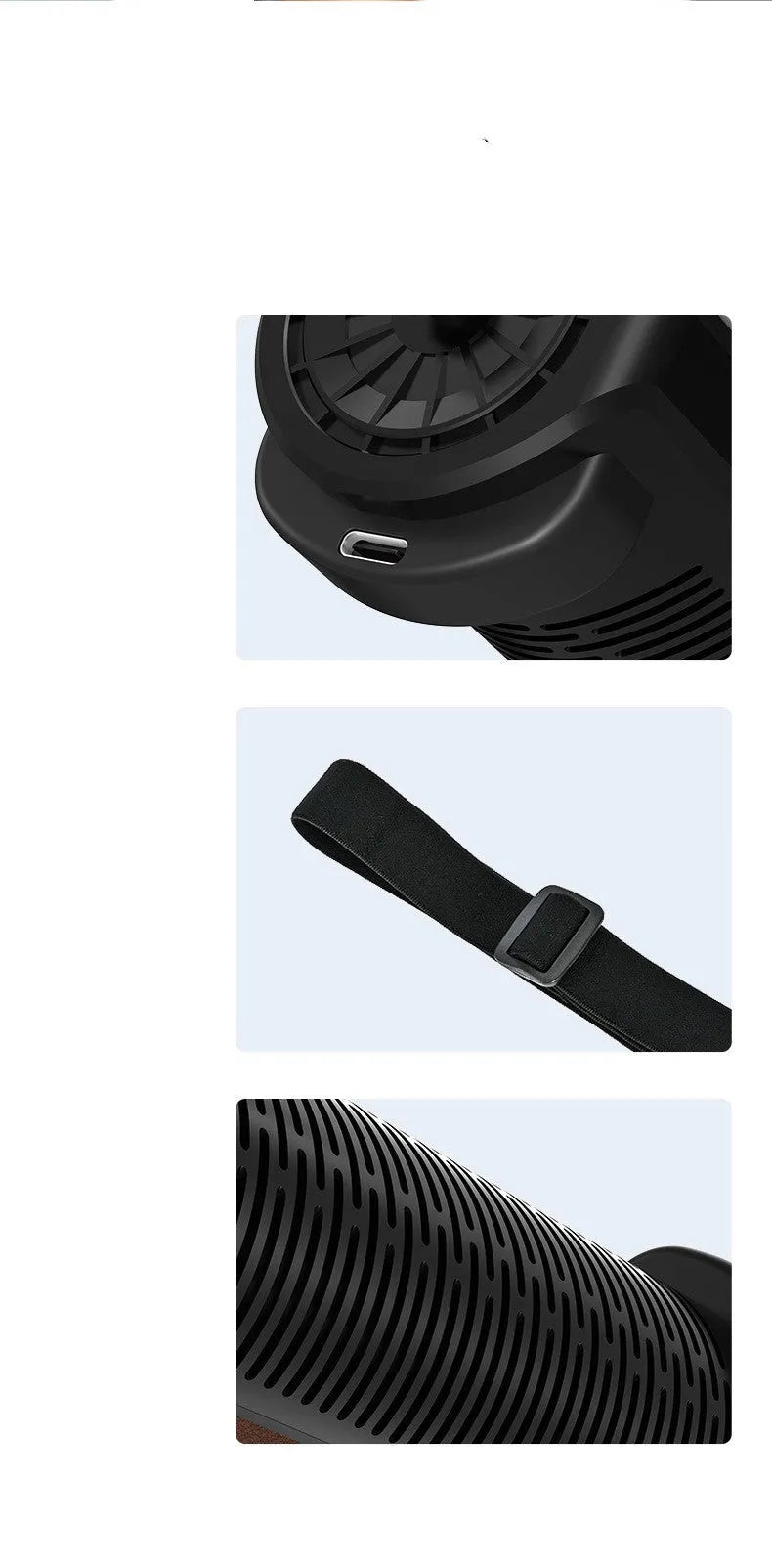 Compact black bladeless car fan with USB cable and 3-speed control buttons