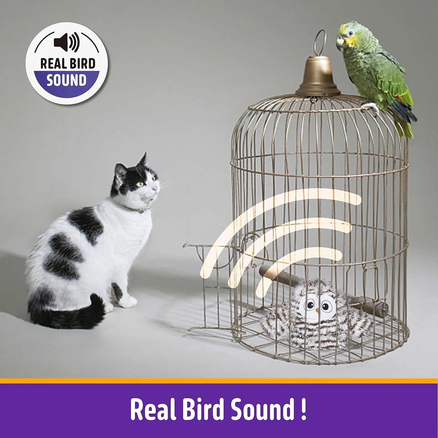 Grey rechargeable automatic owl cat toy with flapping wings for indoor cats