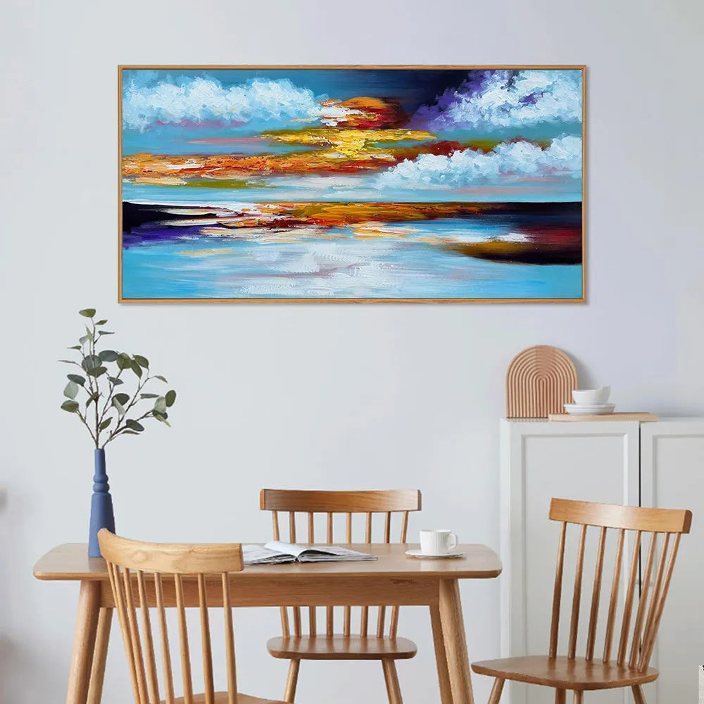 Bright abstract hand-painted oil painting on canvas, seascape sunset landscape, horizontal wall art