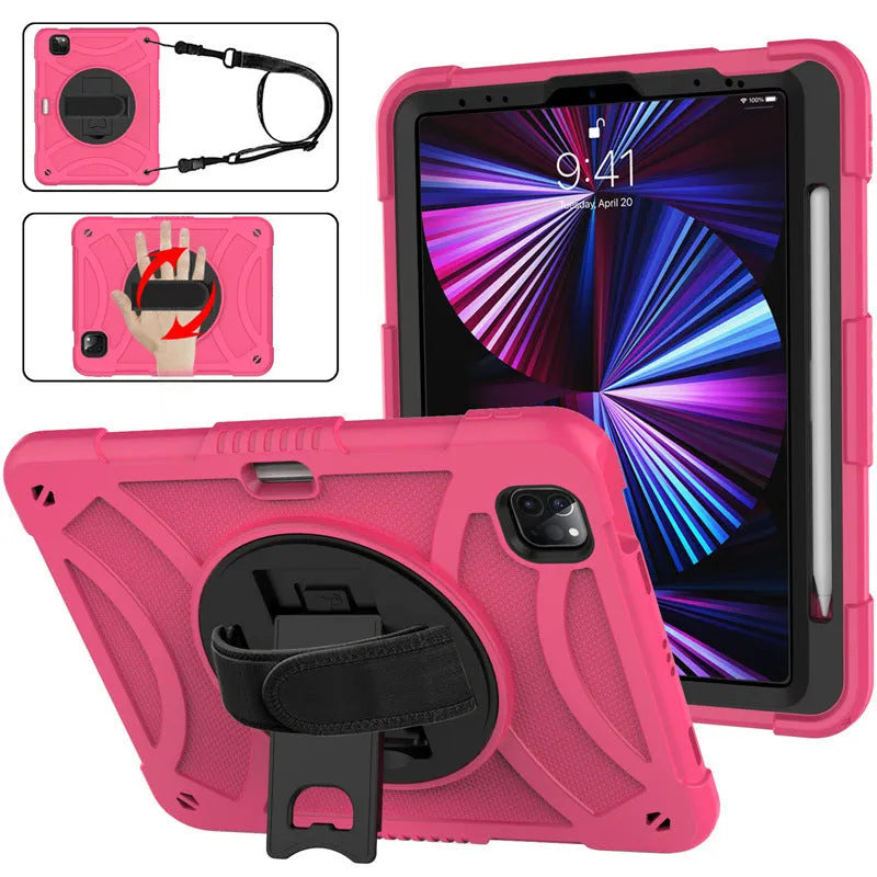 iPad silicone protective case with a rotating bracket strap in rose gold colour