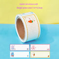 Roll of cartoon name stickers with astronaut, dinosaur, rabbit, and girl designs for student labelling