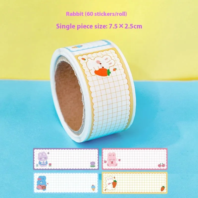 Roll of cartoon name stickers with astronaut, dinosaur, rabbit, and girl designs for student labelling