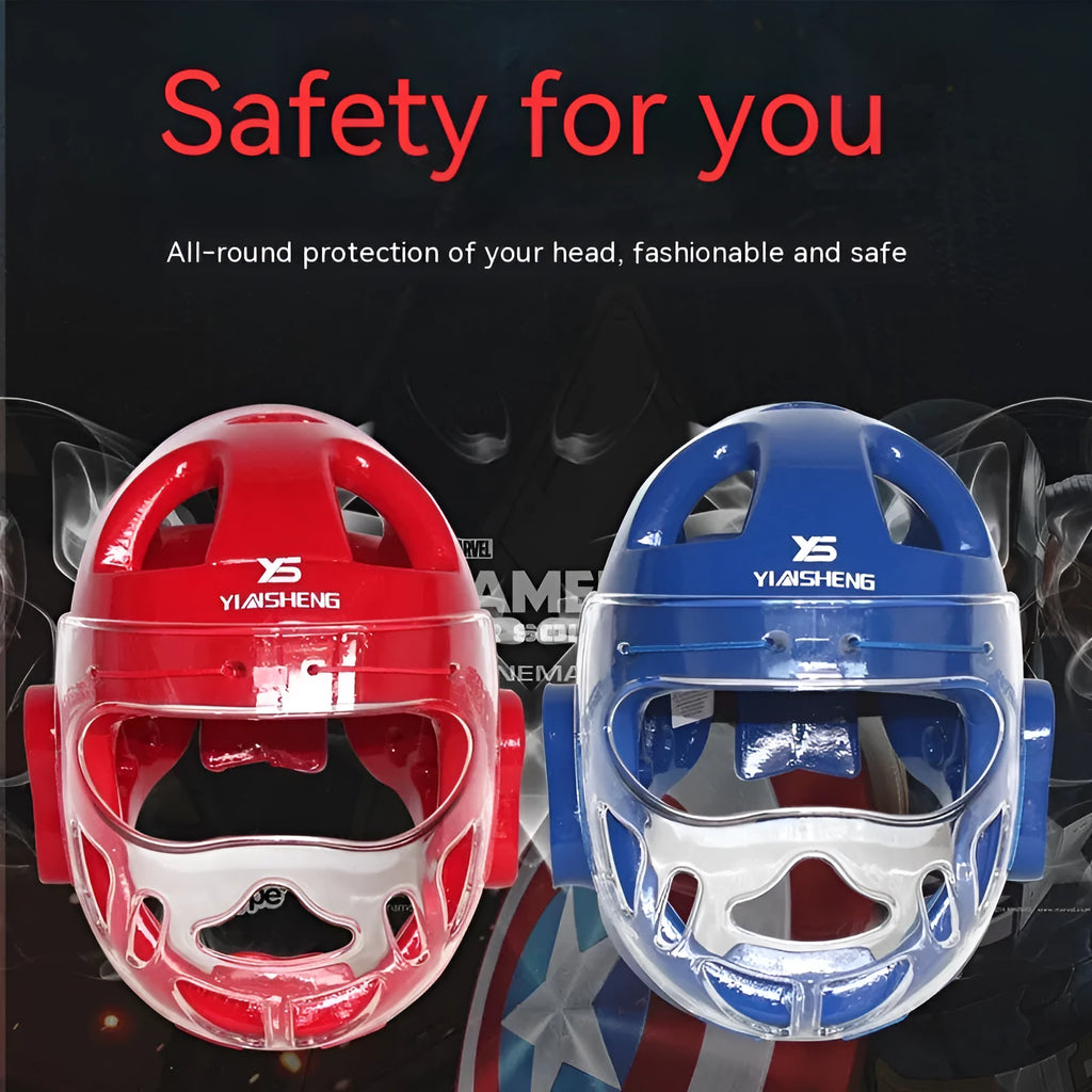 Karate protective helmet in white, blue, or red colour available in S, M, L, XL sizes for martial arts training