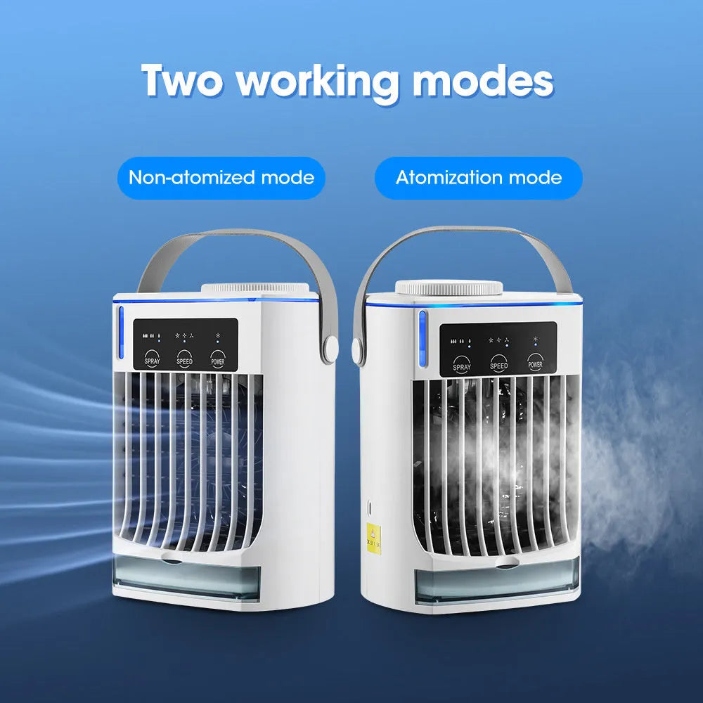 New mini air cooler with USB power, humidification spray fan, and three speed settings on a desk