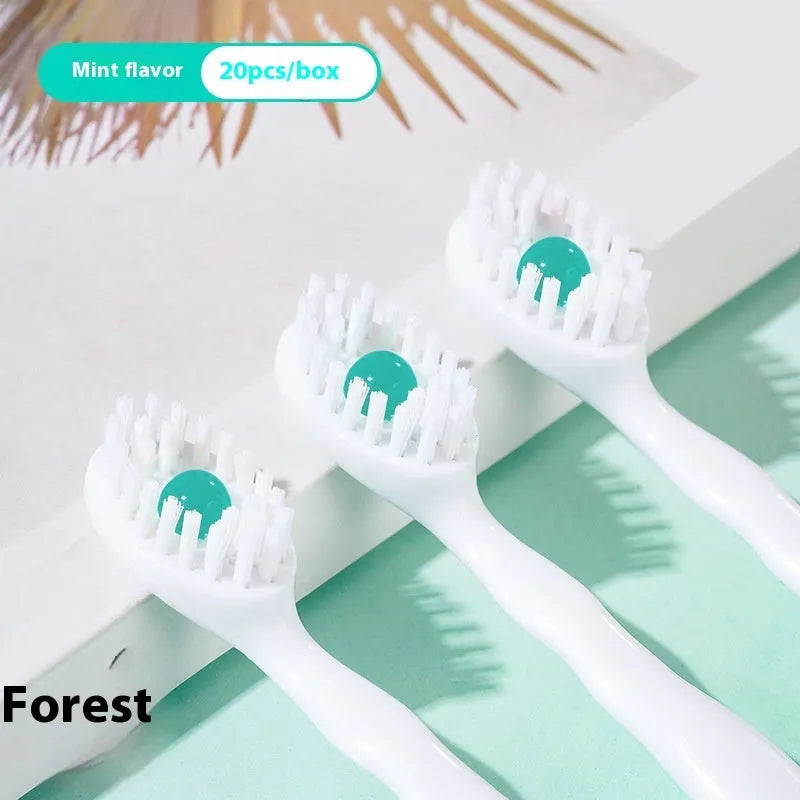 Box of 20 disposable bead toothbrushes for travel, shown with mint and peach flavour options.
