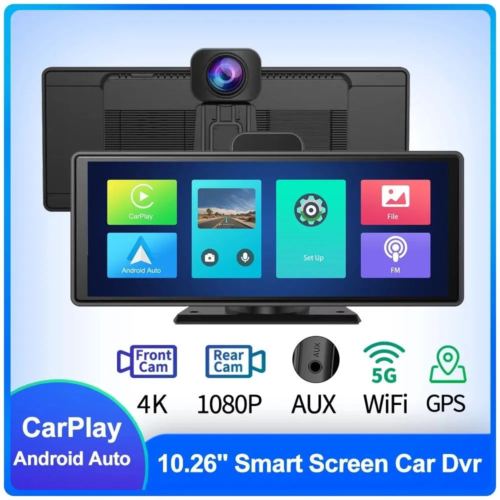 12-inch touchscreen car DVR with front and rear cameras mounted on vehicle dashboard