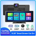 12-inch touchscreen car DVR with front and rear cameras mounted on vehicle dashboard