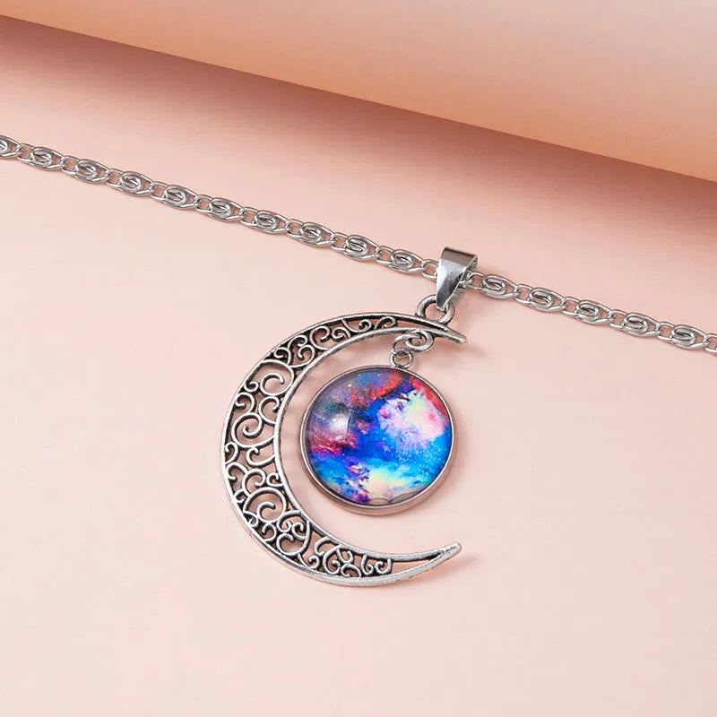 Silver hollow moon pendant necklace with glass star on Figaro chain 40cm women