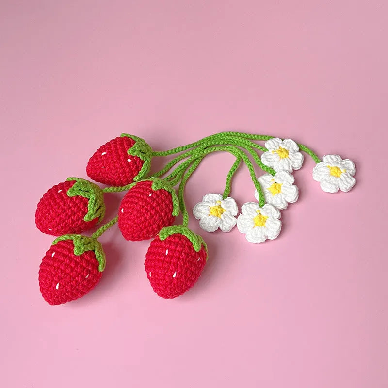 Wool crochet strawberry pendant necklace measuring 35cm with pink or red charm option