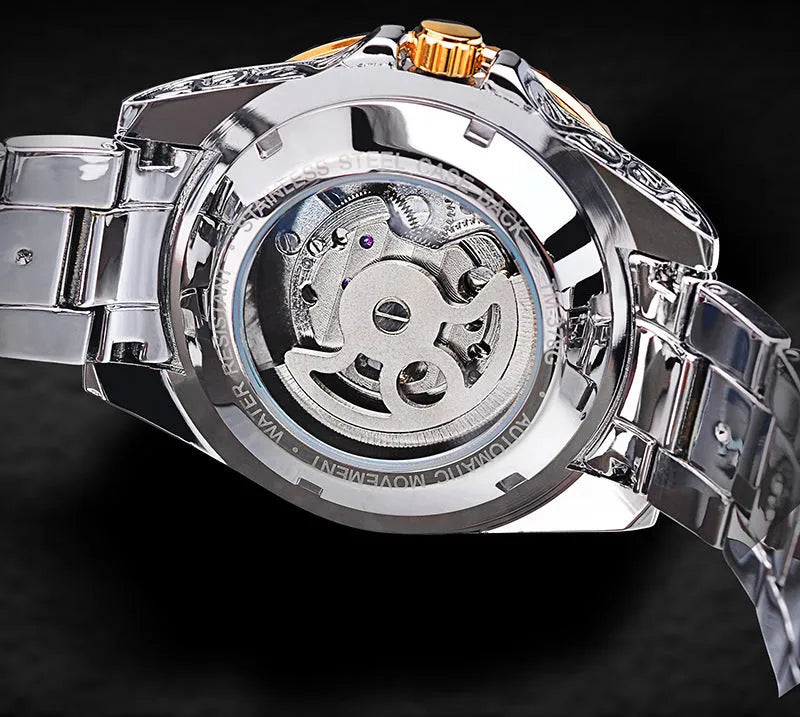 Forsining yellow gold skeleton tourbillon mechanical watch with stainless steel band