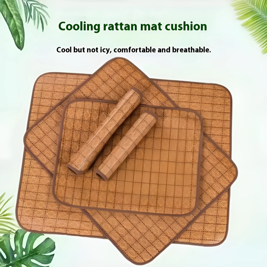 Brown rattan fibre dog cooling mat showing open-weave construction