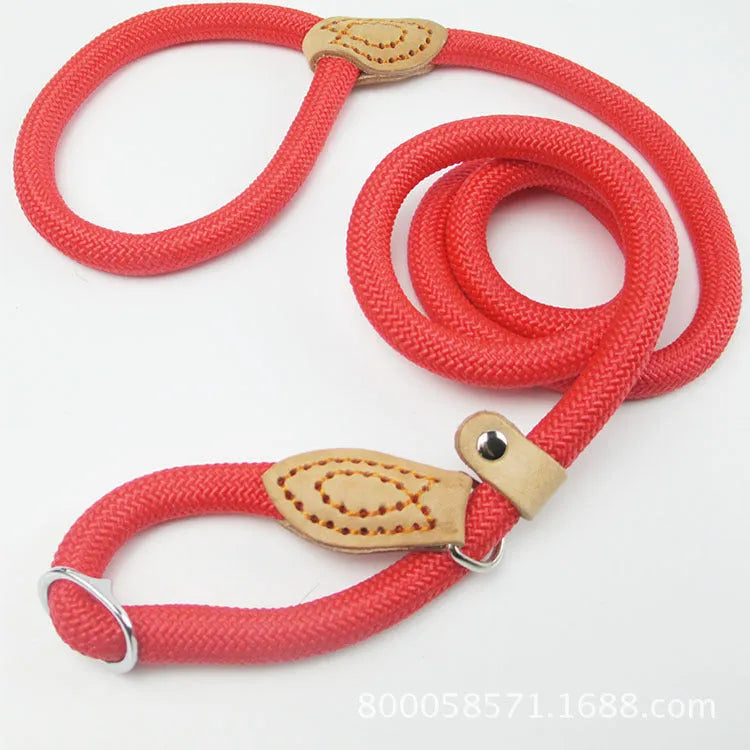 Brown nylon dog leash with hand holding rope design measuring 2.1 metres in length