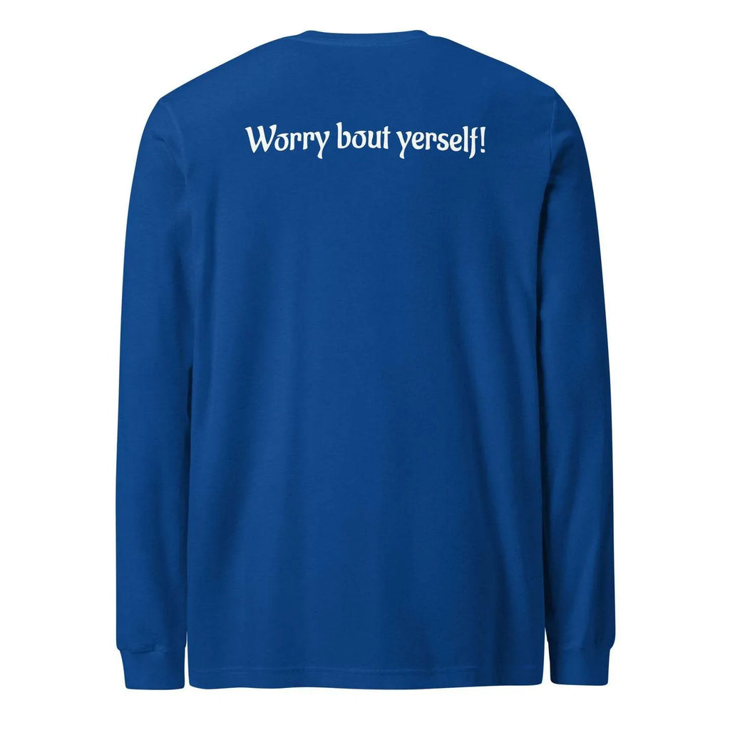 Blue men's loose fit sweater with printed letter patterns showing front view and round neck design