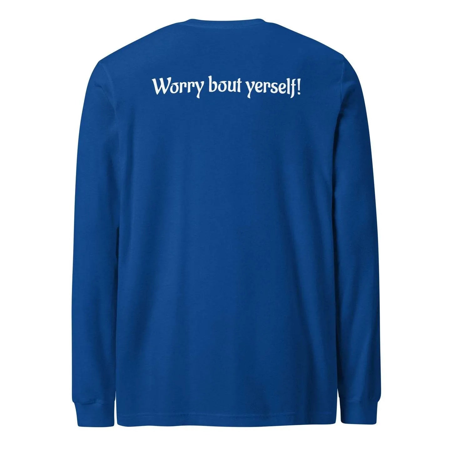Blue men's loose fit sweater with printed letter patterns showing front view and round neck design
