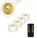 Four white LED tealight candles with flickering flame effect, shown from above.