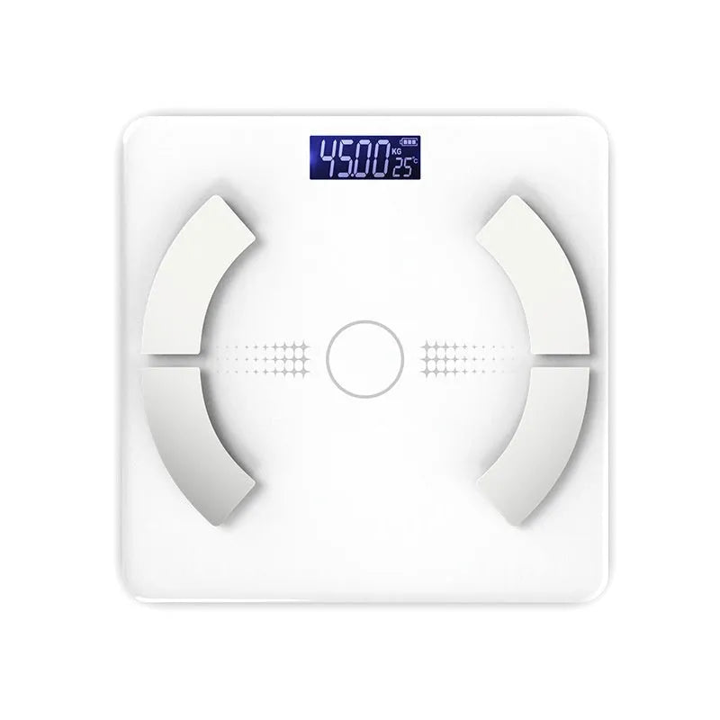 Smart Bluetooth body fat scale in white colour showing digital display with multiple health metrics