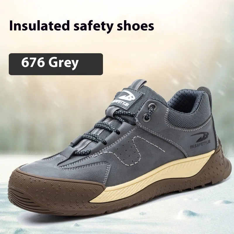 Flyknit safety work shoes with leather upper and rubber sole in multiple colour options