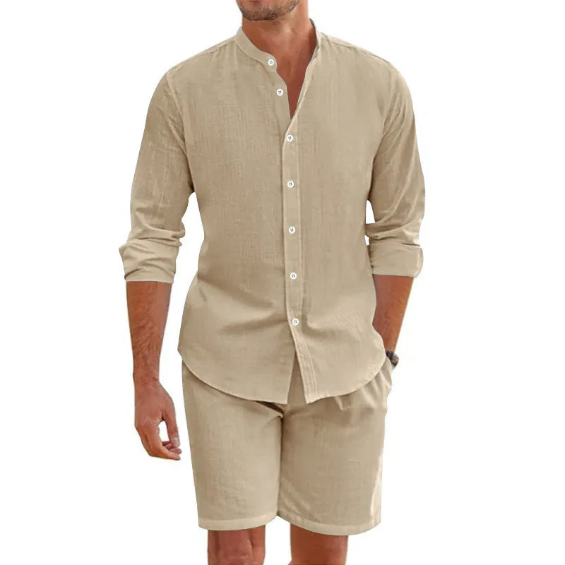 Men's linen blend summer suit set showing short sleeve lapel shirt with matching drawstring shorts in dark grey colour