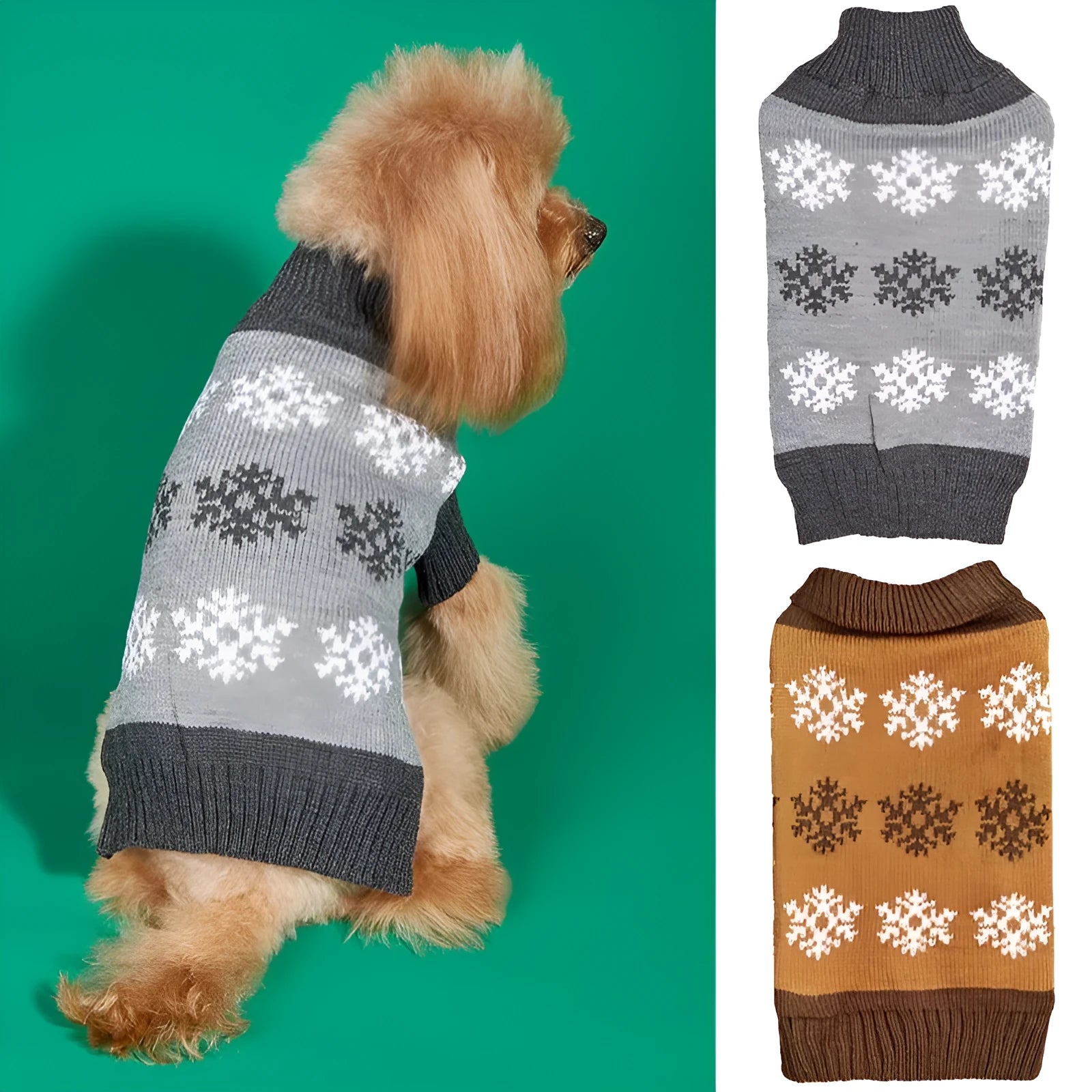 Brown and grey dog Christmas sweater with snowflake pattern, acrylic knit fabric