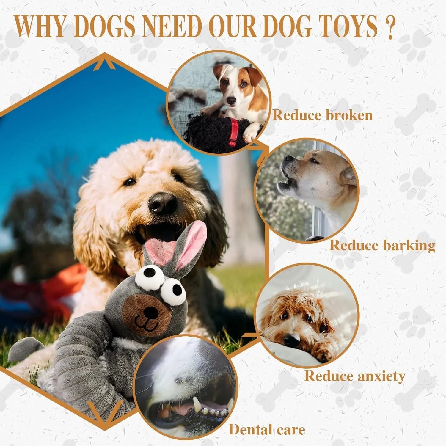 Plush squeaky dog toy with crinkle material in brown, grey, and yellow colour options