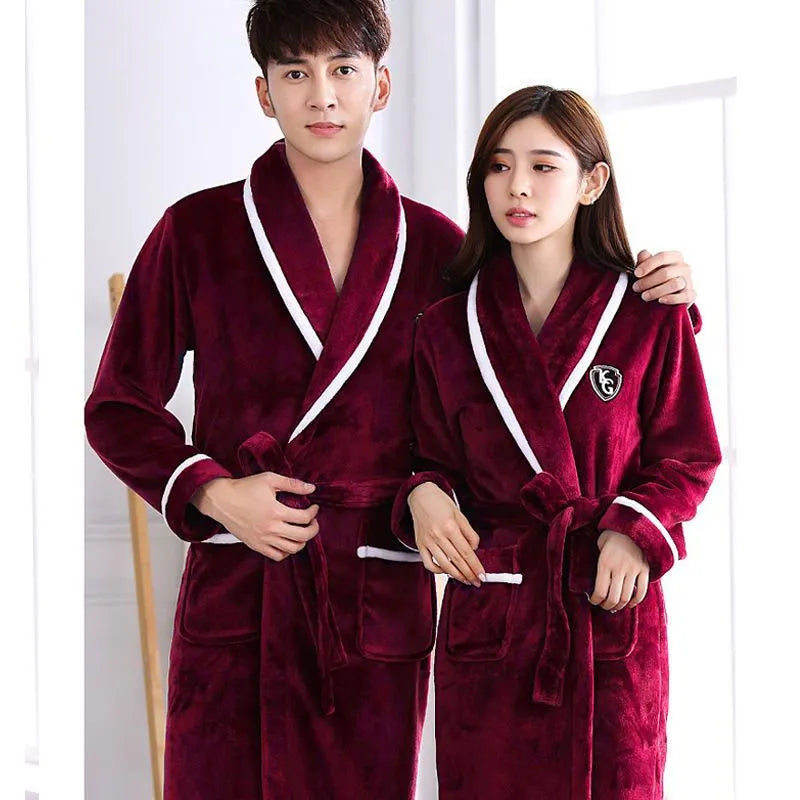 Flannel thickened long section bathrobe for men and women, wine red and white stripes, on a hanger