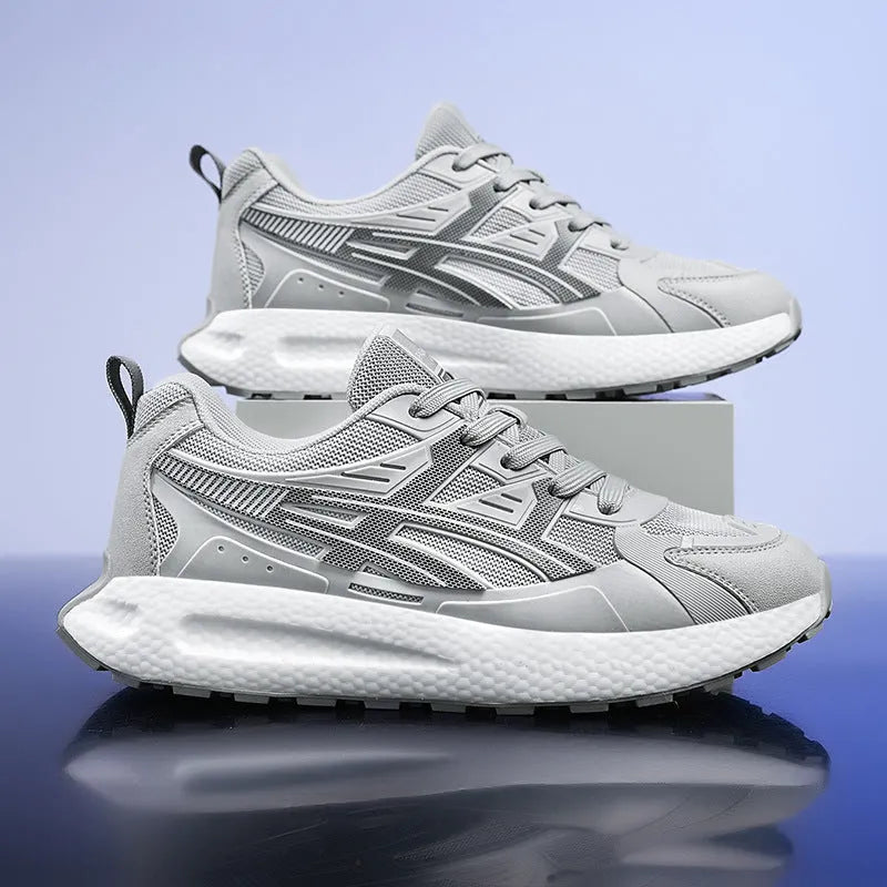 Casual popcorn sole sneaker with breathable KPU mesh upper, non-slip, in white, black, and light gray, sizes 39-46