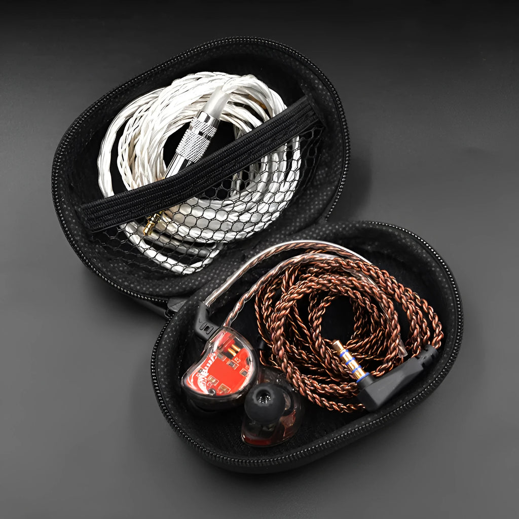 Black oval leather earphone storage bag with zip closure shown closed