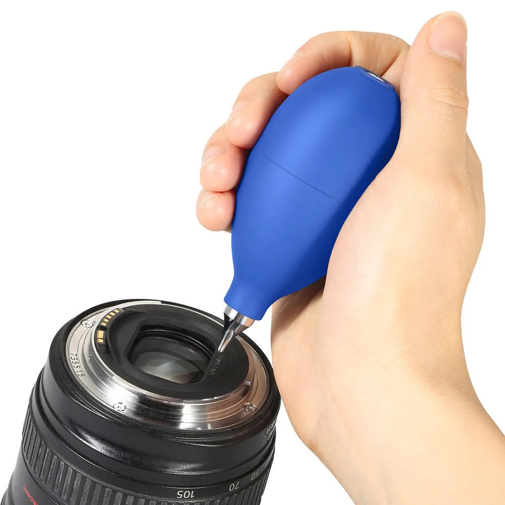 Blue rubber dust removal air blower cleaning tool for cameras and phones.