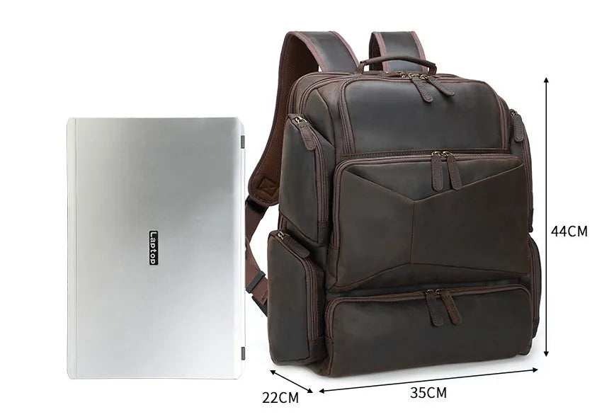 Dark brown leather backpack with 17-inch laptop compartment and multiple internal pockets