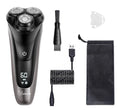 Men's electric shaver kit with three floating heads, pop-up trimmer, USB cable, cleaning brush and storage bag.