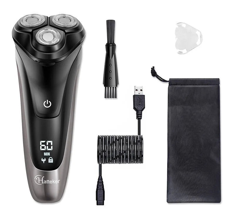 Men's electric shaver kit with three floating heads, pop-up trimmer, USB cable, cleaning brush and storage bag.