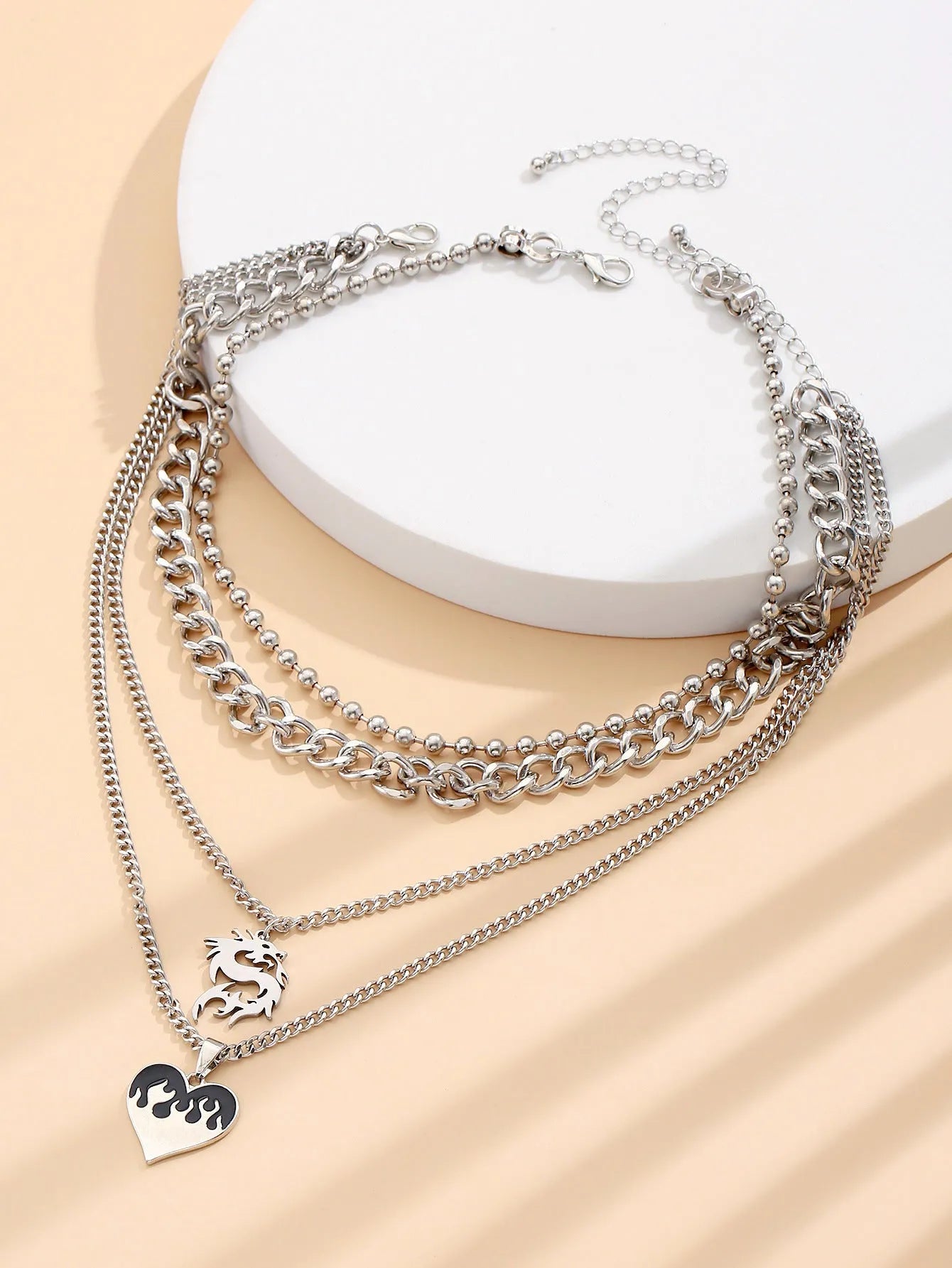 Women's alloy silver love dragon geometric pendant necklace on adjustable clavicle chain