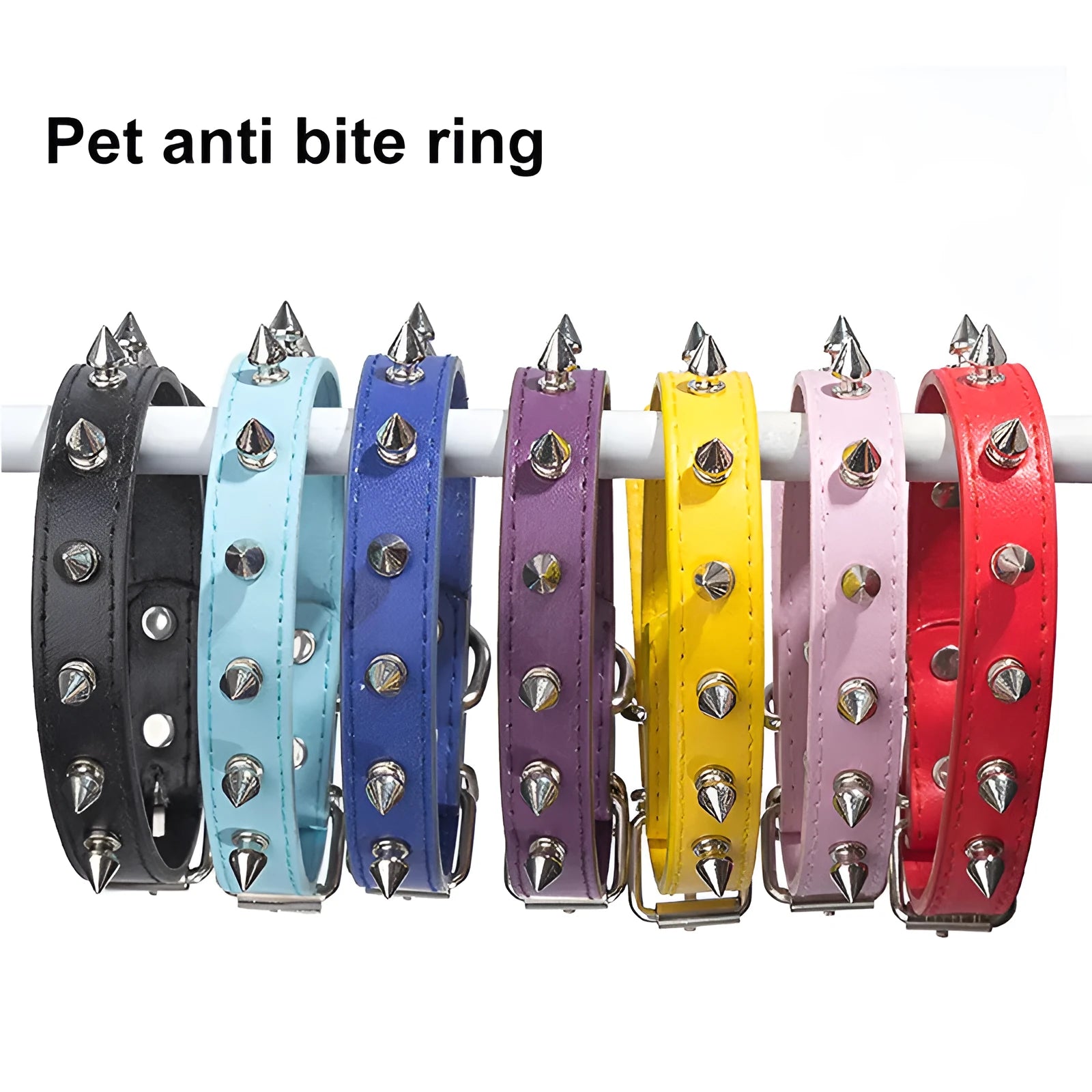 A studded dog collar made of black PU leather with silver metal studs and an alloy buckle fastener.