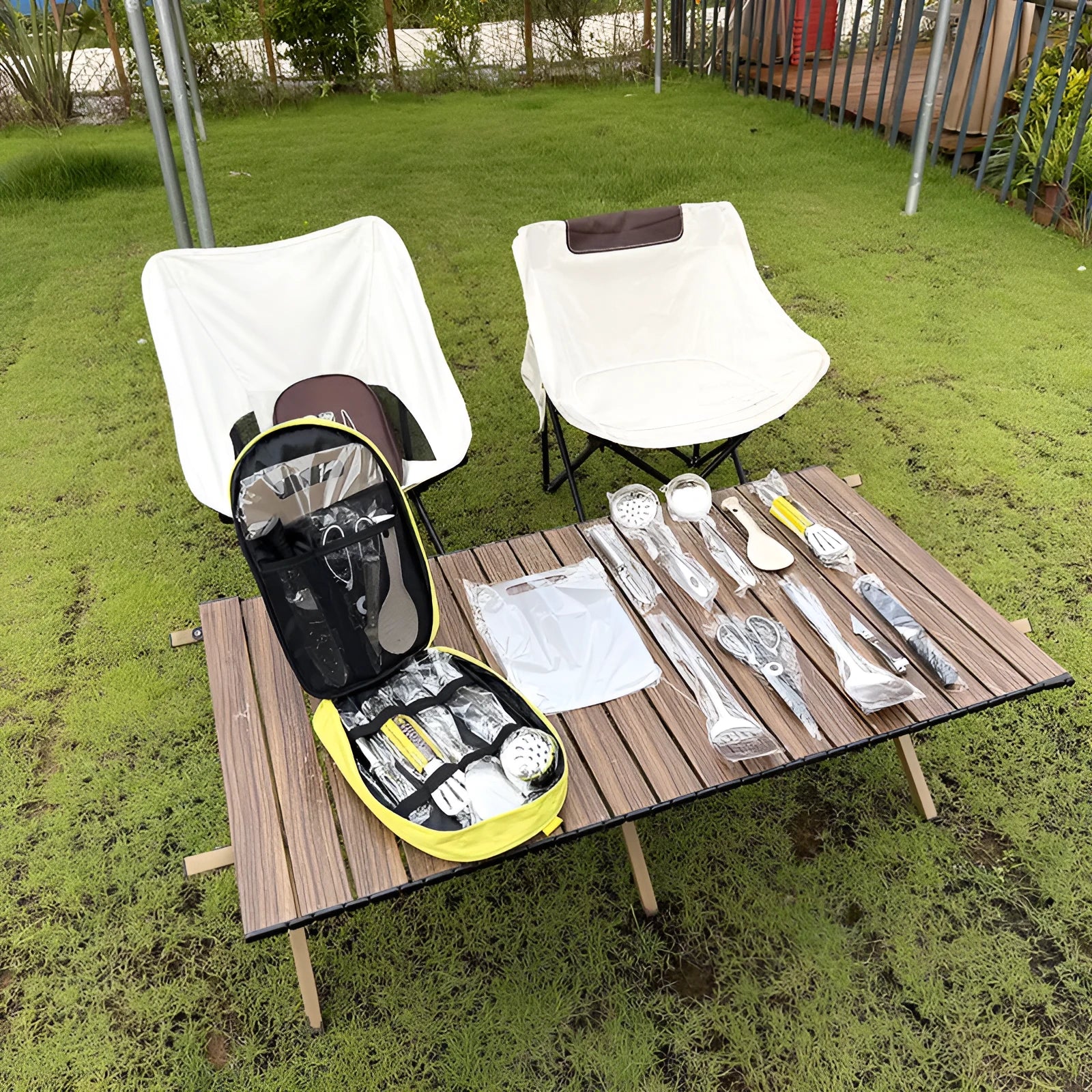 12-piece stainless steel picnic kitchenware set in portable storage bag for outdoor cooking