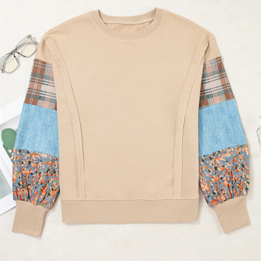 Women's plaid long-sleeved top in loose Japanese-Korean style with spliced patterns