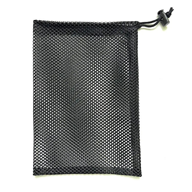 Black mesh drawstring storage bag with three size options for water toys.