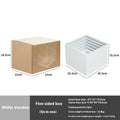 Set of six white plastic cube units forming a tiered desktop dessert display stand.