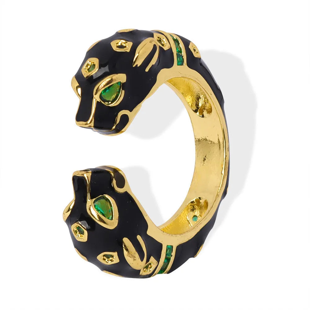 Women's black cheetah print open ring with geometric design and electroplated copper construction