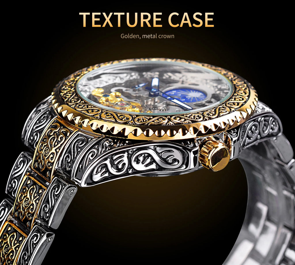 Forsining yellow gold skeleton tourbillon mechanical watch with stainless steel band