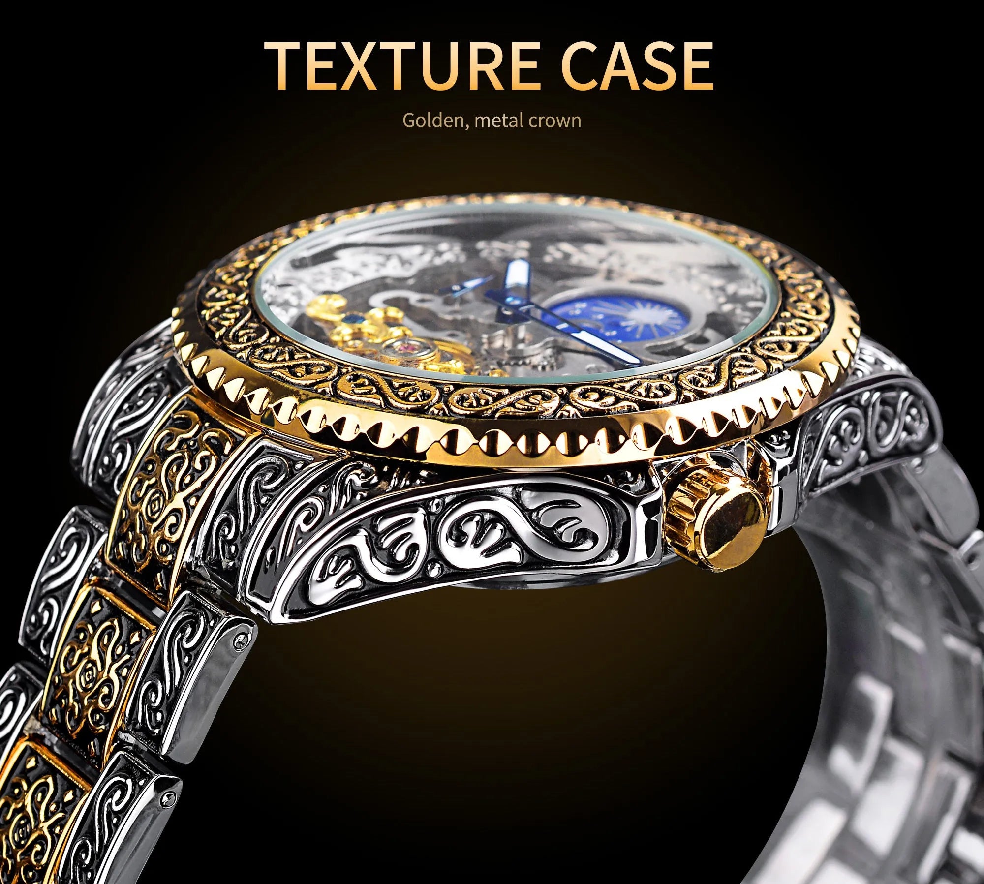 Forsining yellow gold skeleton tourbillon mechanical watch with stainless steel band