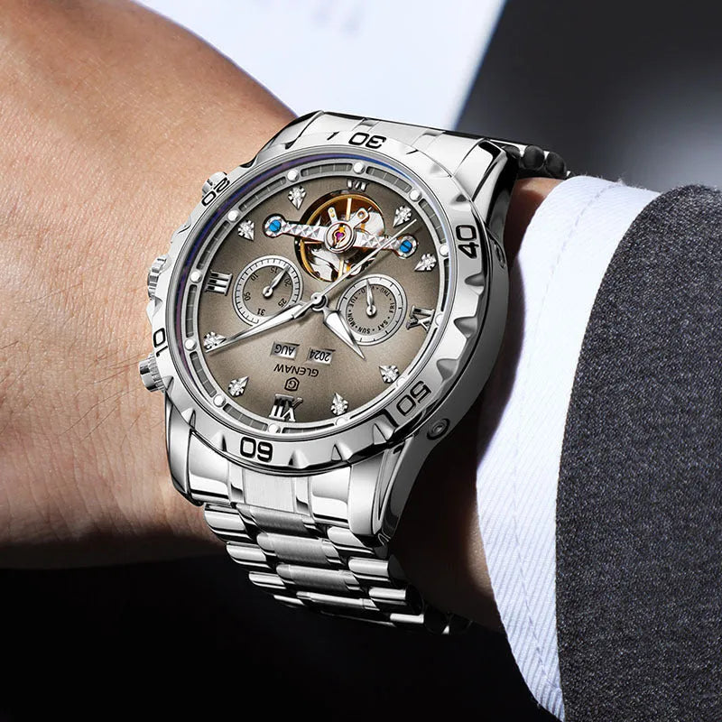 Men's automatic mechanical watch with stainless steel strap and business style design