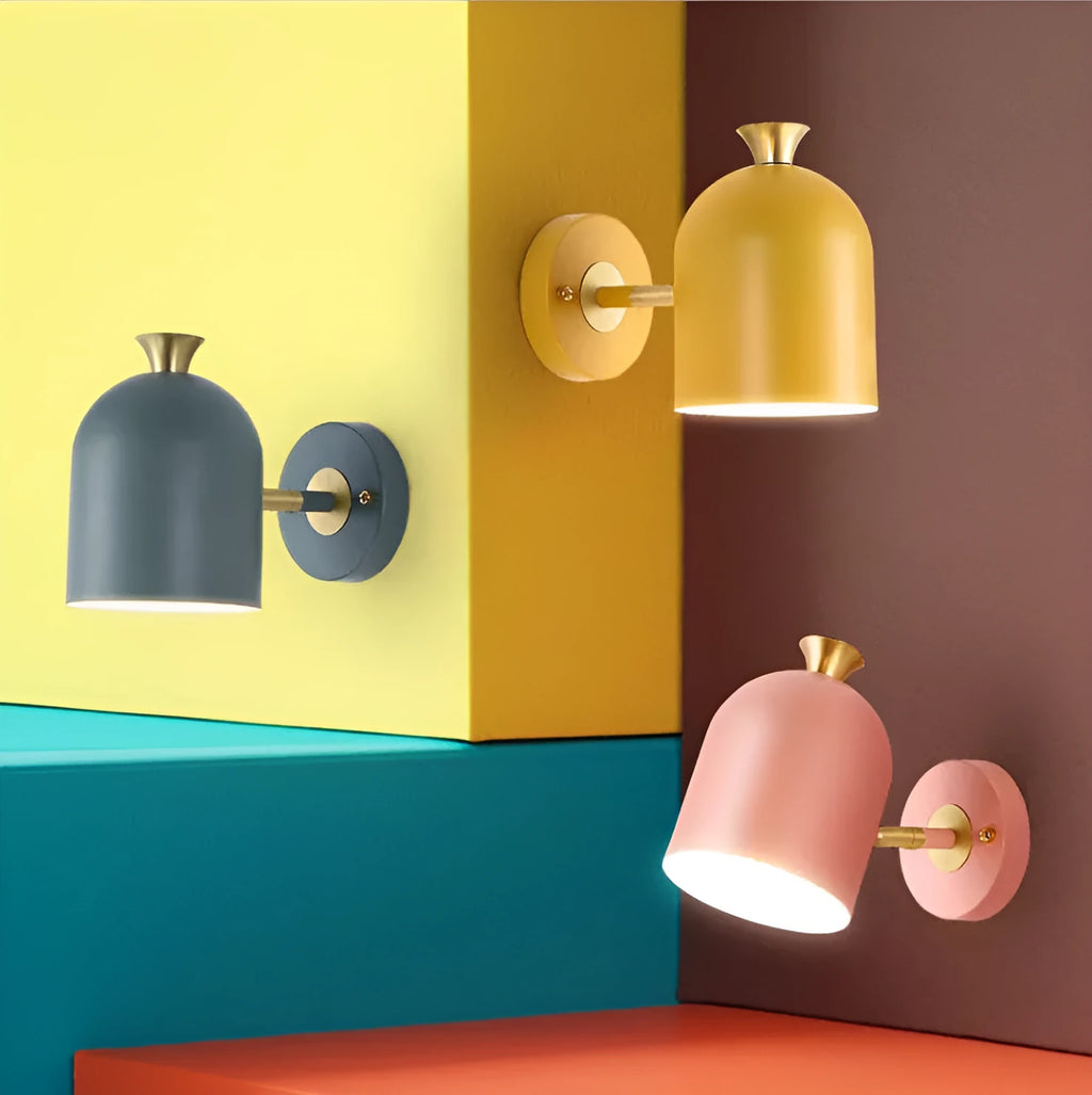 Compact aluminium single-head wall lamp with a mirror front, shown in a choice of colours.