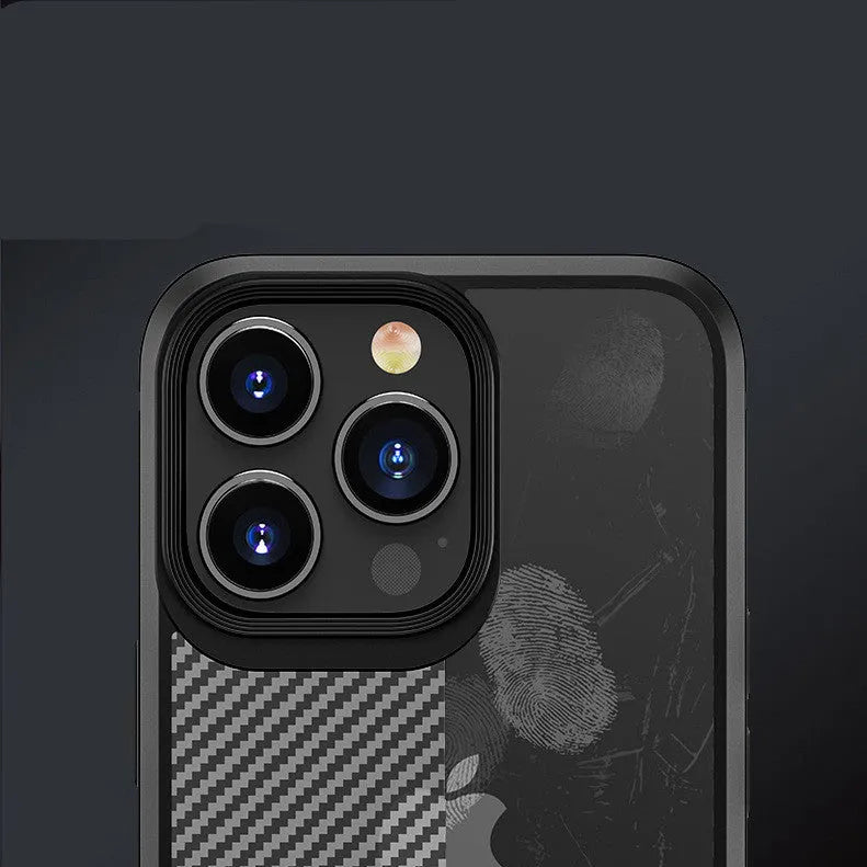 Black carbon fibre pattern anti-fall protective case for Apple iPhone 13 Pro mobile phone.