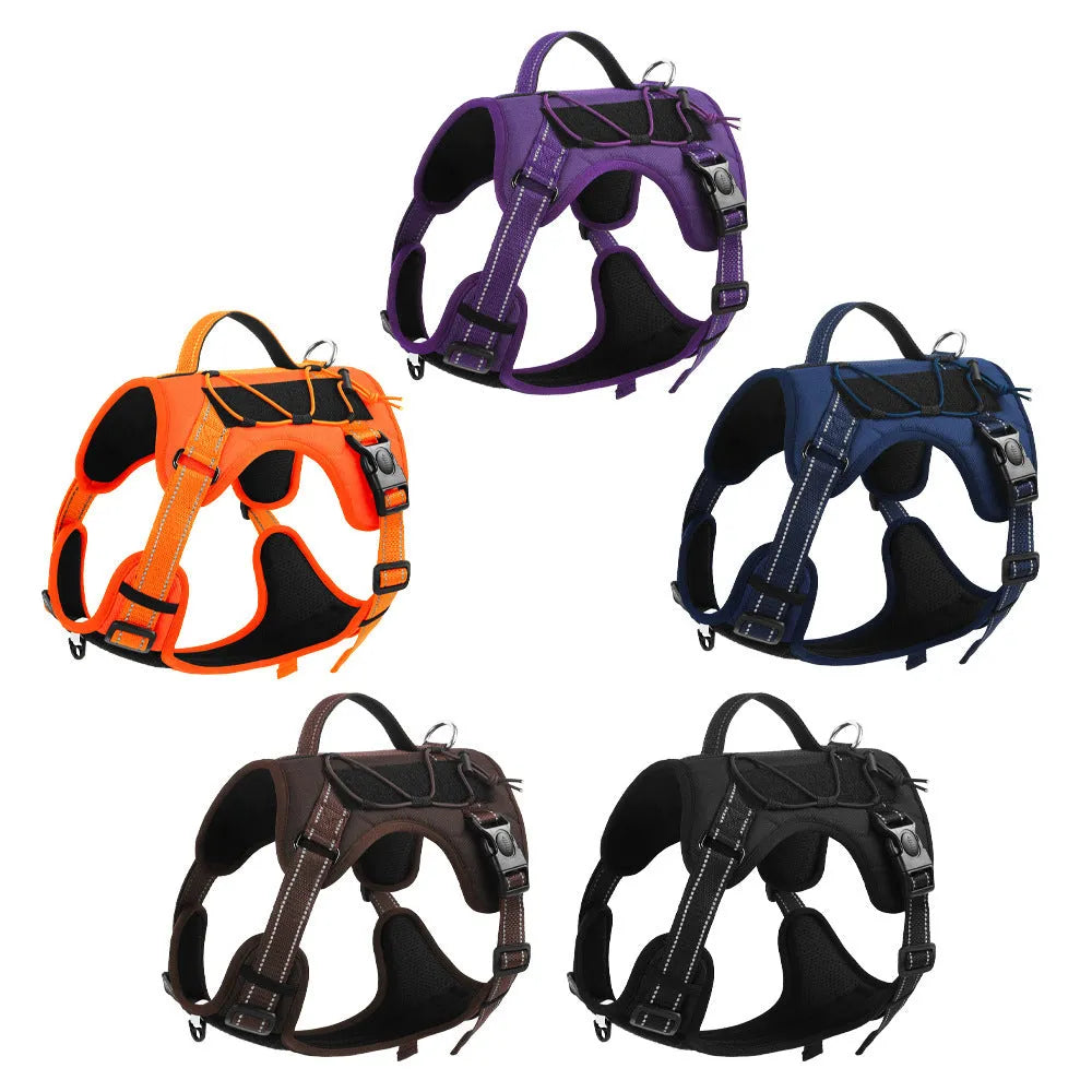 Reflective dog harness vest with integrated hand-holding rope leash in orange colour showing explosion-proof chest strap design