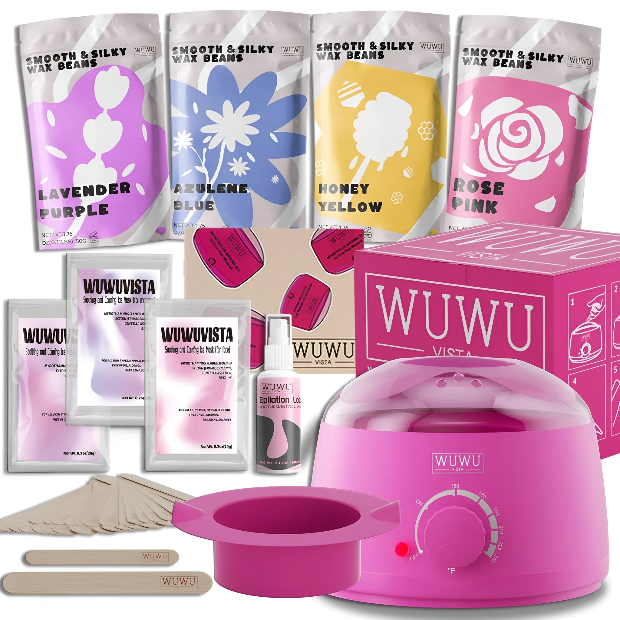 29-piece waxing kit with black wax warmer, wax beads, applicator sticks, and aftercare products