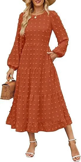 Women's high waist long sleeve dress with ruffled sleeves in beige colour.
