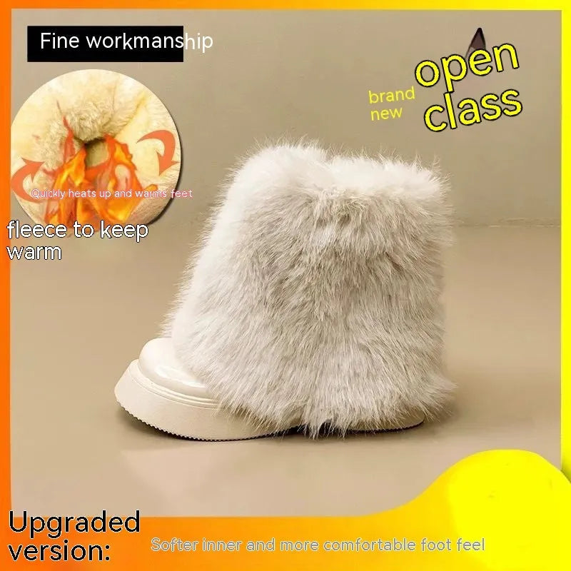 Women's black fleece-lined low-top snow boots with a round toe, waterproof platform, and a mid-height heel on a rubber sole.