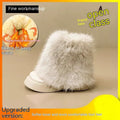 Women's black fleece-lined low-top snow boots with a round toe, waterproof platform, and a mid-height heel on a rubber sole.