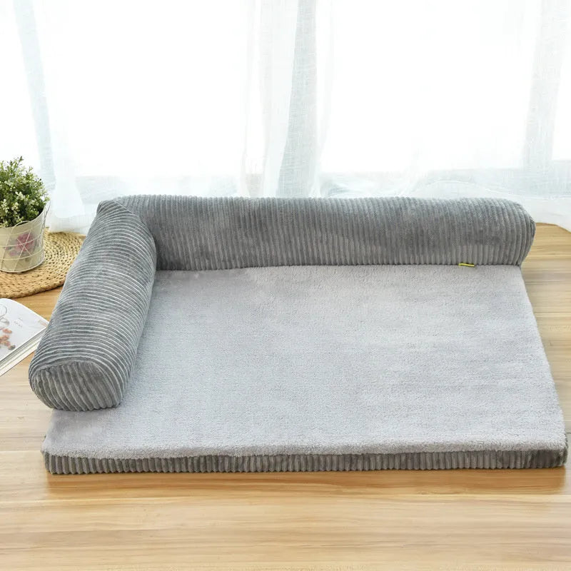 Corduroy dog bed with sponge padding on non-slip base in grey colour
